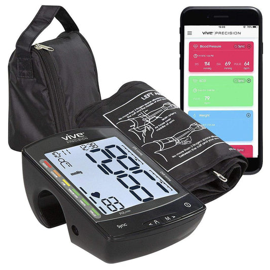 Blood Pressure Monitor compatible with smart device and carrying case.